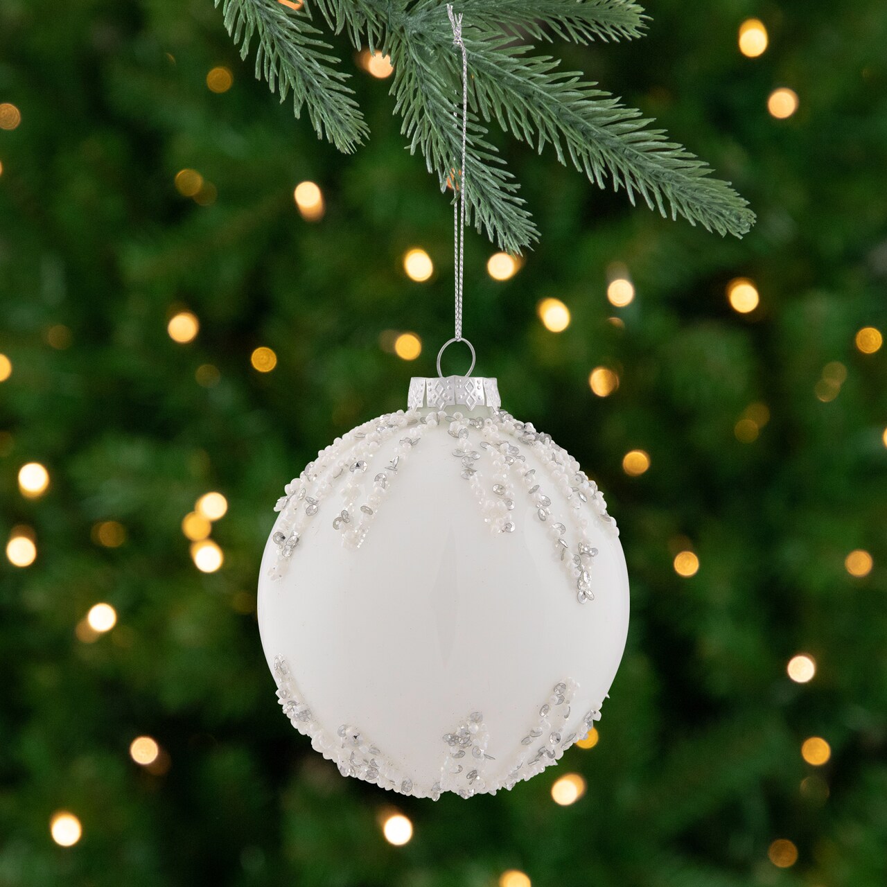 Northlight Sequin Beaded Christmas Glass Ball Ornament - 4" - White